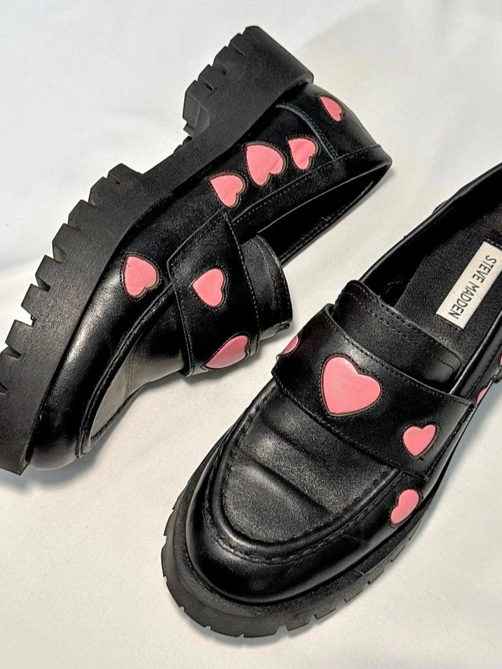 Steve Madden Black/Pink Heart Pattern Platform Loafers